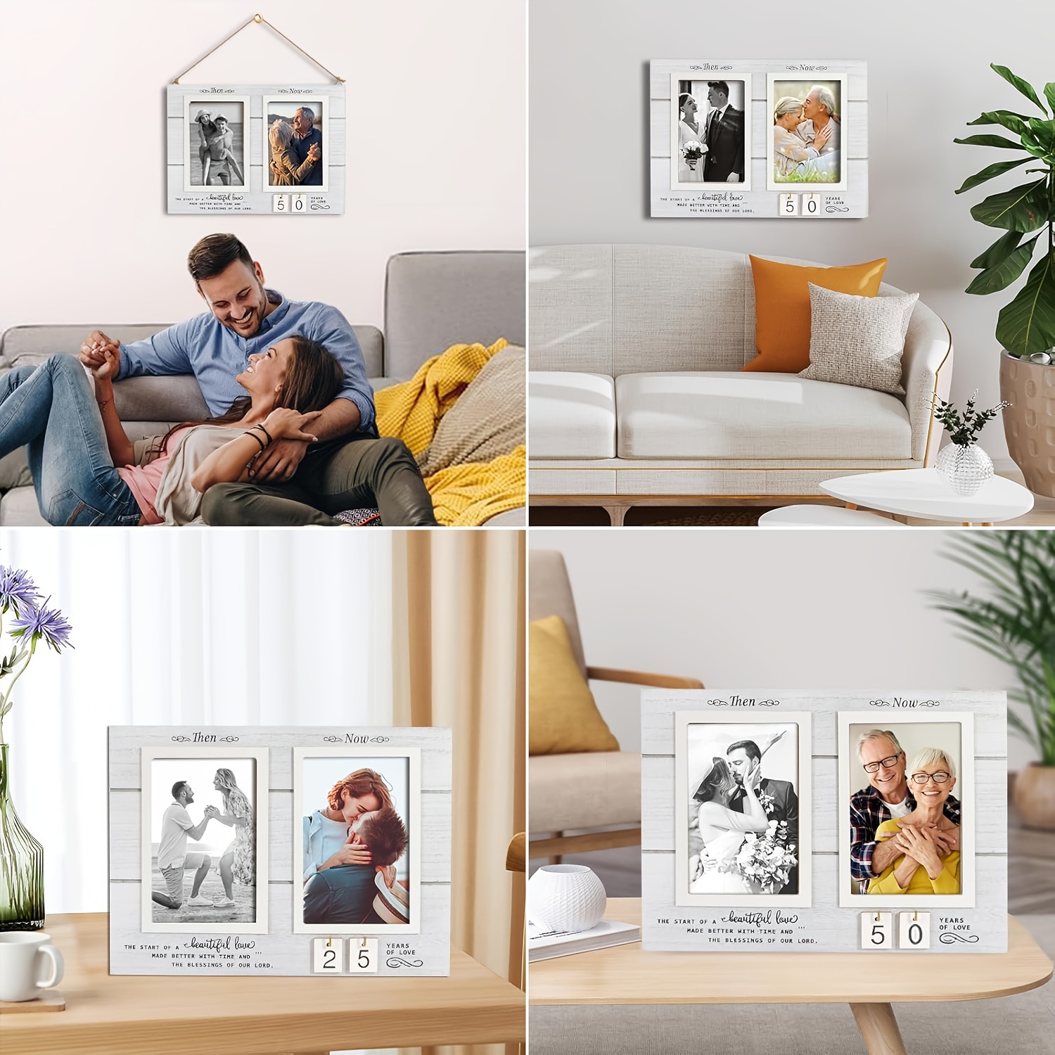 En stock Amazon creativo Aniversario de madera marco de fotos compromiso boda pareja con 4*6 pulgadas mesa de fotos