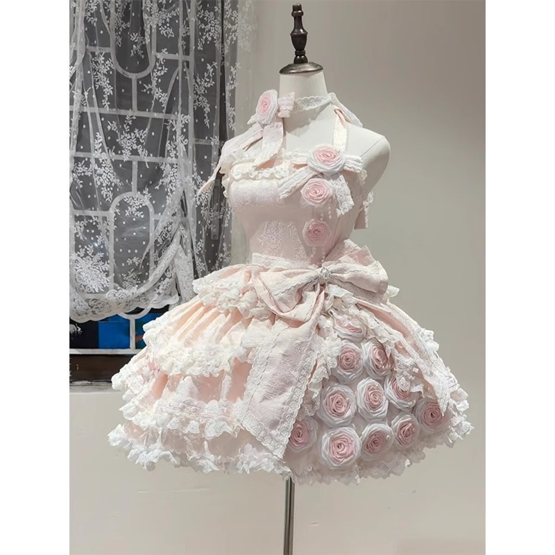 粉色玫瑰小礼服lolita裙可爱甜妹生日礼裙优雅少女公主裙洛丽塔夏|undefined