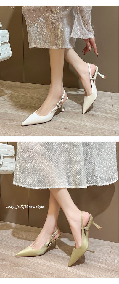 Giày sandal nữ bít mũi mũi nhọn gót mảnh quai ngang, gót 6–8 cm — Màu nâu, Màu trắng be, Màu vàng nhạt chi tiết 10