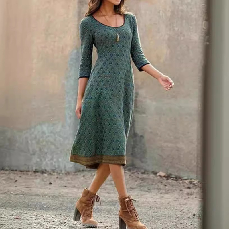 Amazon Cross-Border Women's Dress Round Neck Printed Bohemian Style Retro Slim Fit Splicing Mid-Length Skirt