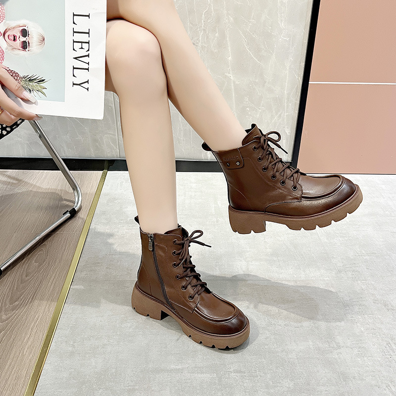 ShoeVault First Layer Cowhide Martin Boots For Women, Autumn And Winter Vintage British Style Casual Short Round Toe Mid-Calf_vogvips.com