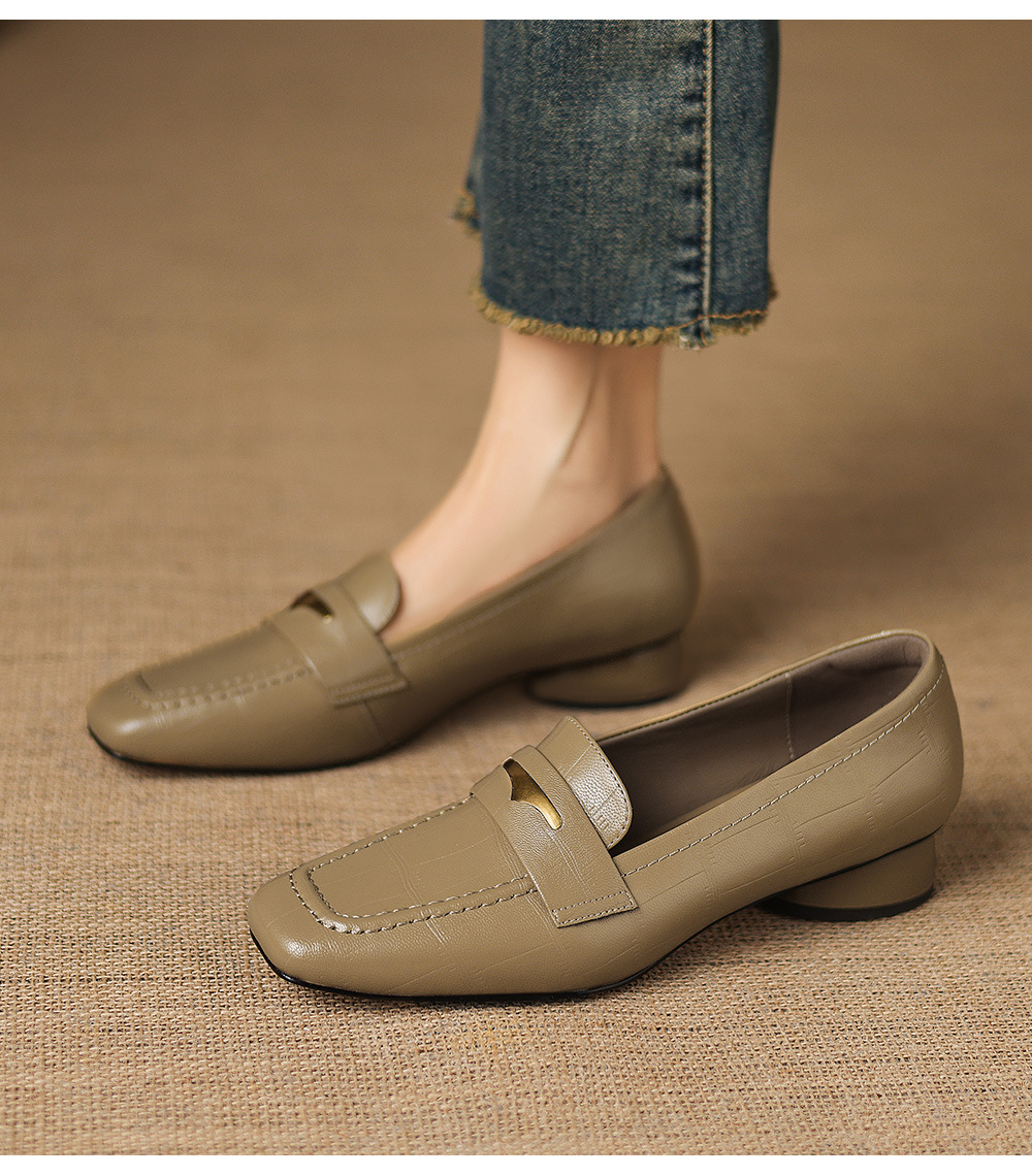 Giày loafer nữ da dê mũi vuông gót thấp kiểu cổ điển — đen chi tiết 6