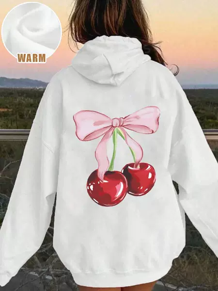 INS Explosions Cross-border New Autumn and Winter Cherry Printed Sweatshirt Round Neck Loose Hooded Top for Women