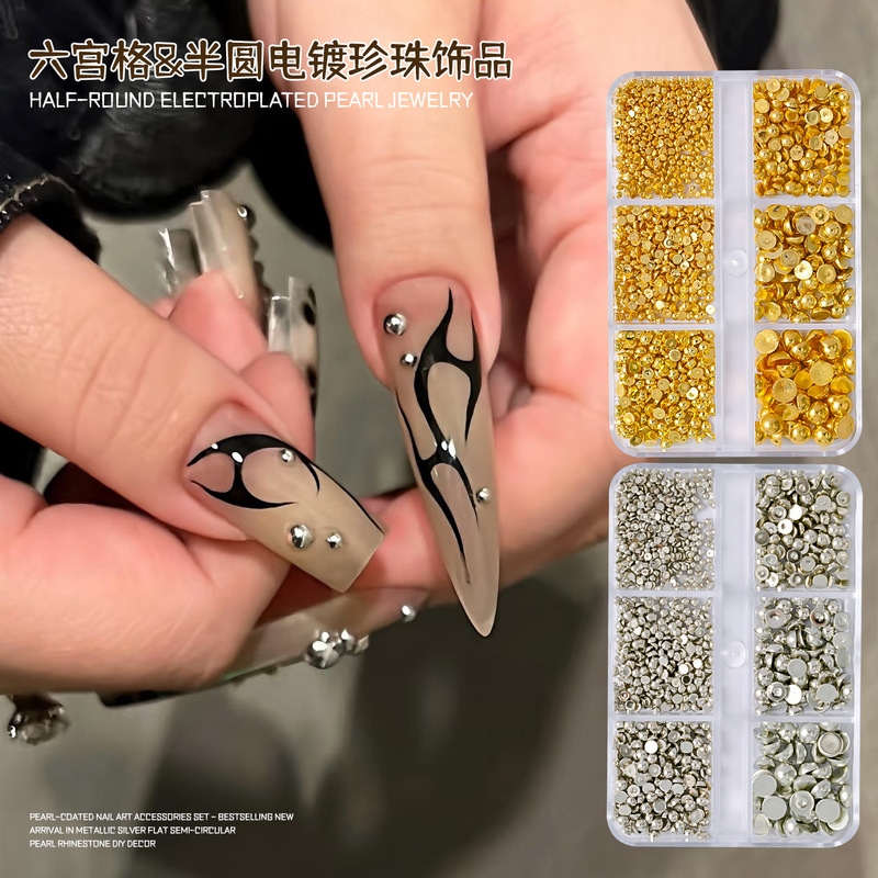 Electroplated Pearl Hexagonal Semi-Circle Nail Decorations Punk Style Gold and Silver Set Wearable Nail Art Accessories Electroplated Pearl Hexagonal Semi-Circle Nail Decorations Punk Style Gold and Silver Set Wearable Nail Art Accessories