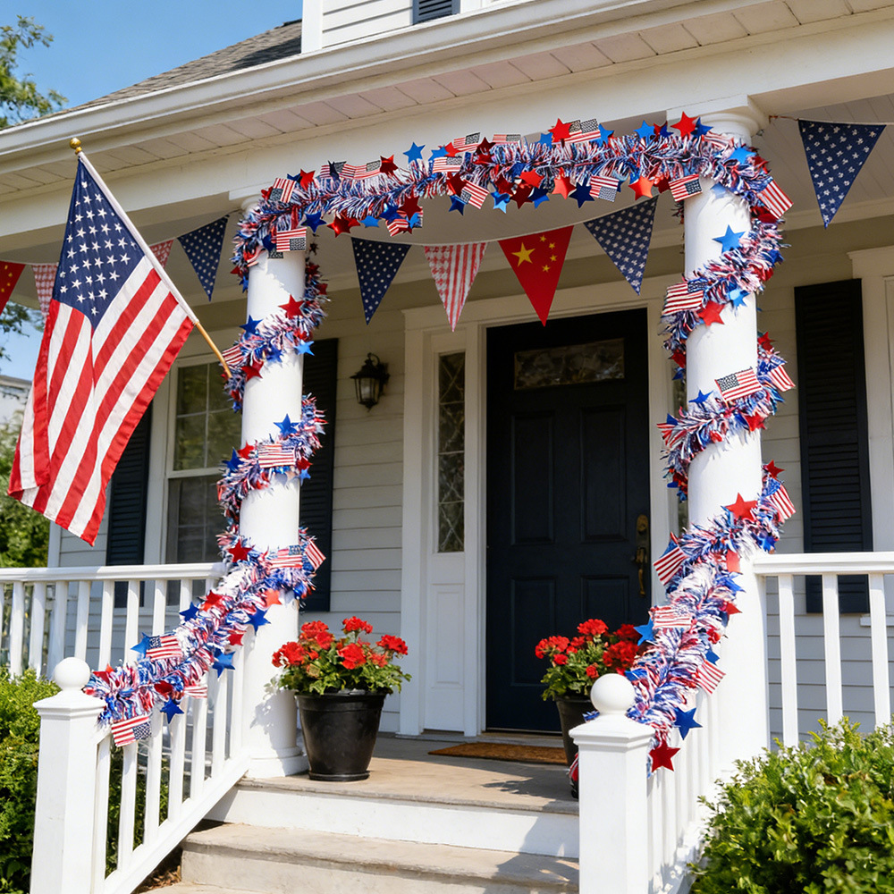 Día de la Independencia de los Estados Unidos tira de flores rojas, blancas, azules, estrellas de lana 250 aniversario de la bandera de decoración, colgante de cinta de hierba