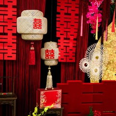 新中式婚纱摄影喜嫁风拍摄道具藤编镂空灯笼红背景装饰竹编灯笼猫