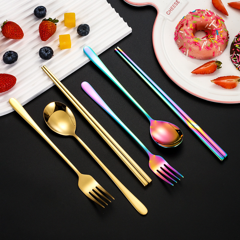 Cross-border 304 Tenedor de acero inoxidable cuchara palillos estilo coreano de alta apariencia traje de regalo para el hogar vajilla portátil logotipo imprimible