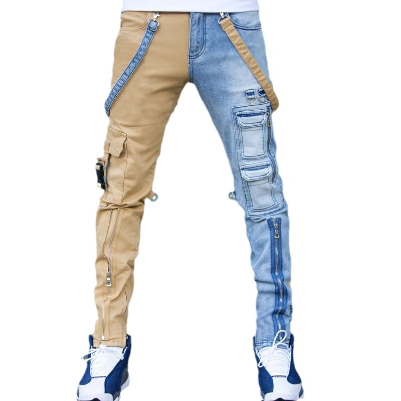 boy 2025 Nuovi jeans cargo con cerniera slim fit alla moda per uomo, lavaggio a blocchi di colore_voghion.com