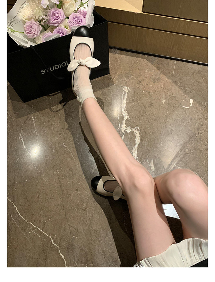 Giày Mary Jane nữ mũi tròn thắt nơ, gót thấp dưới 3 cm, phong cách Pháp thanh lịch — Màu đen, Trắng sữa, Đen mơ chi tiết 20