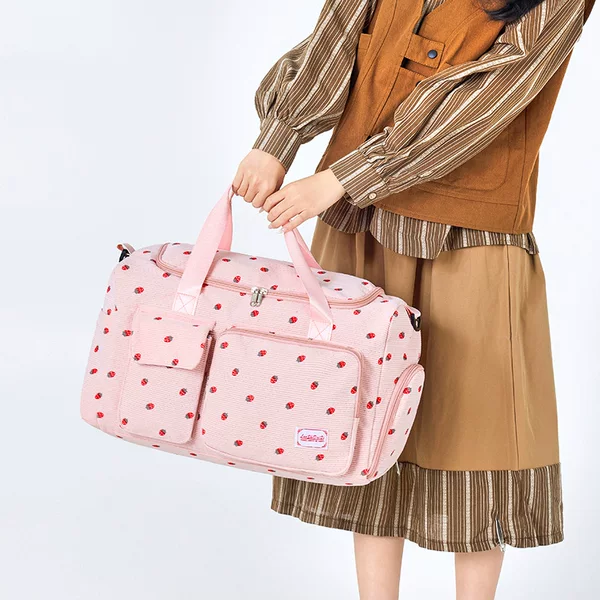 Corduroy Strawberry Travel Bag Lightweight Portable Messenger Bag Large Capacity Multifunctional Sports Fitness Bag Dry and Wet Separation