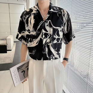 Half-Sleeved Shirt Men's Printed Bottoming Shirt Cool Chinese Style Floral Hairstylist Black and White Pattern Shirt Three-Quarter Sleeve Trendy