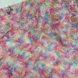 新款彩虹配色立体玫瑰花盘带绣花面料礼服童装公主裙网纱面料