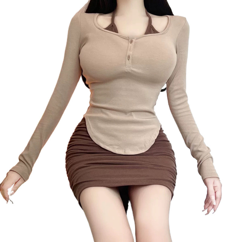 순수한 욕망 섹시한 여성 가슴 쇼 빅 피규어 타이트한 유행 가짜 세트 투피스 목에 매달린 티셔츠 힙합 스커트