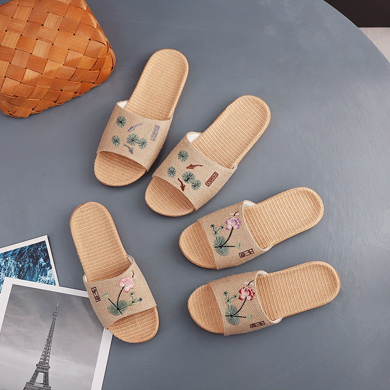 Новые холодные тапочки льняная вышивка лотоса национальный ветер высокого класса прохладный пот, плоское дно, нескользкие домашние пары мужчин и женщин