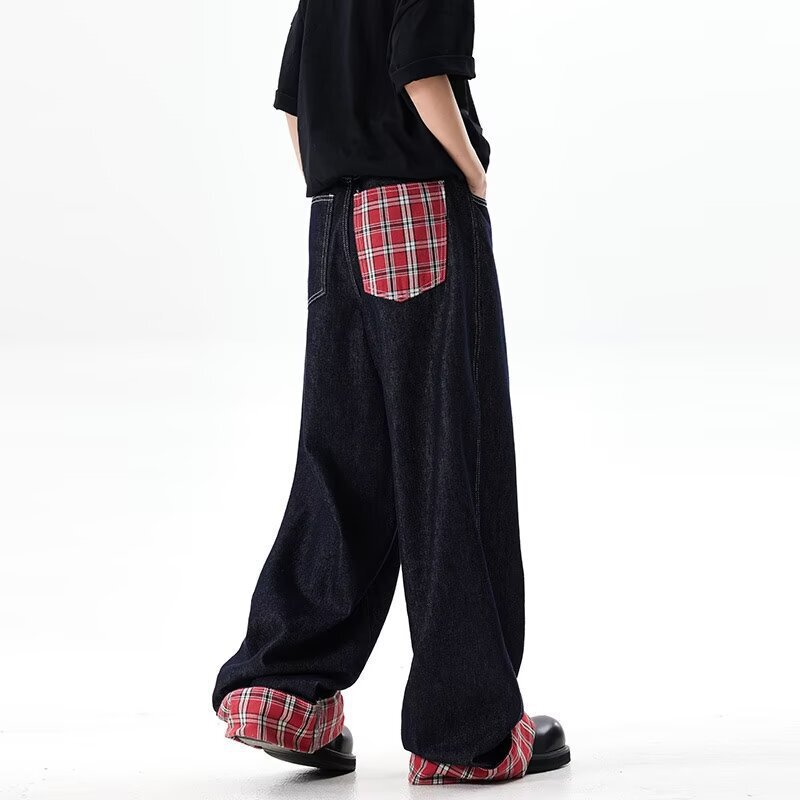 Street-Style Plaid Splicing Rolled-Up Jeans for Boys, High-End, Personalized, Fashionable, Urban Wide-Leg Straight-Leg Loose Trousers
