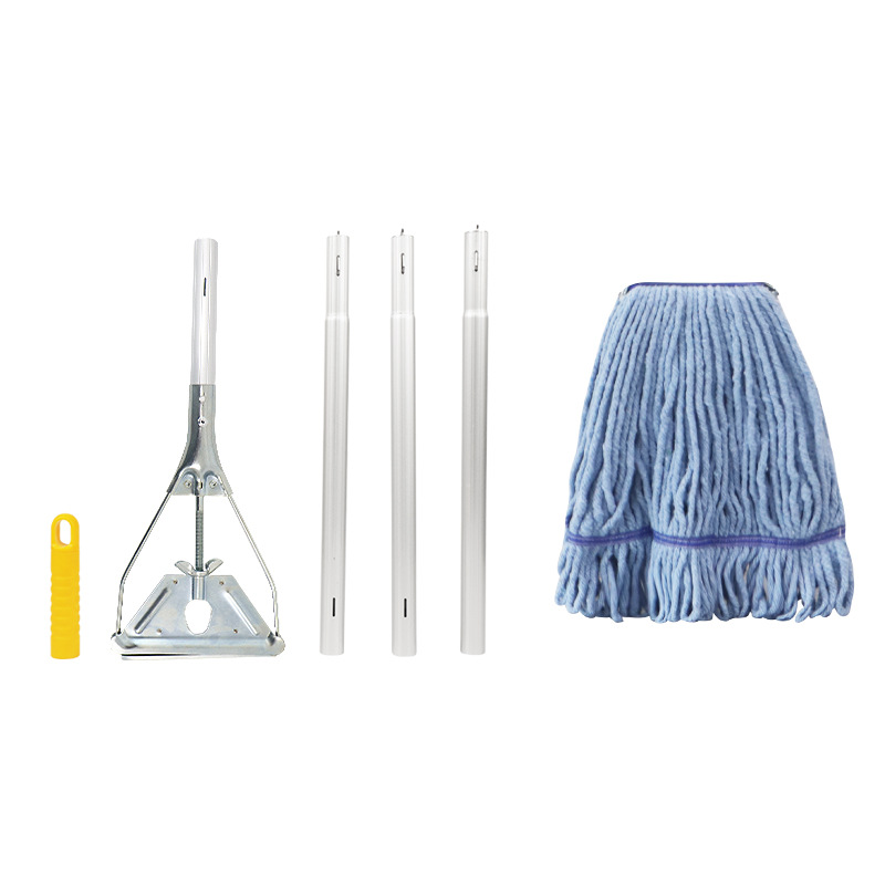 Mopa de Cera con Clip Metálico en Espiral Personalizada, con Cabezal de Mopa de Línea de Algodón Estrecha, Varilla de Aluminio de Cuatro Secciones, Marco de Hierro Triangular y Cabezal de Mopa Reemplazable.