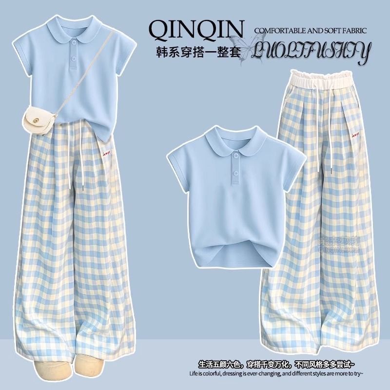 High-Quality Original Large Stock Girls' Summer Plaid Wide-Leg Pants Set Style Two-Piece Set