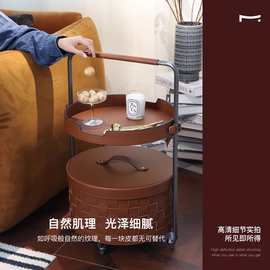 鼎立诚某某严选家居 意式极简马鞍皮编织不锈钢移动推车边几