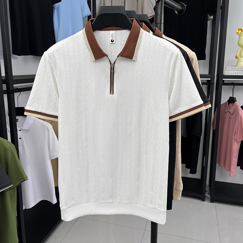 Hombres de mediana edad clásicos de color sólido semia cremallera solapa polo camiseta jacquard rayas de verano nuevo hombre camiseta de manga corta