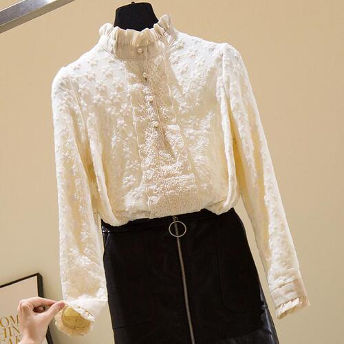 Lace bottomed shirt for women in autumn and winter new mesh long-sleeved warm figure-fitting velvet thick half-high collar top