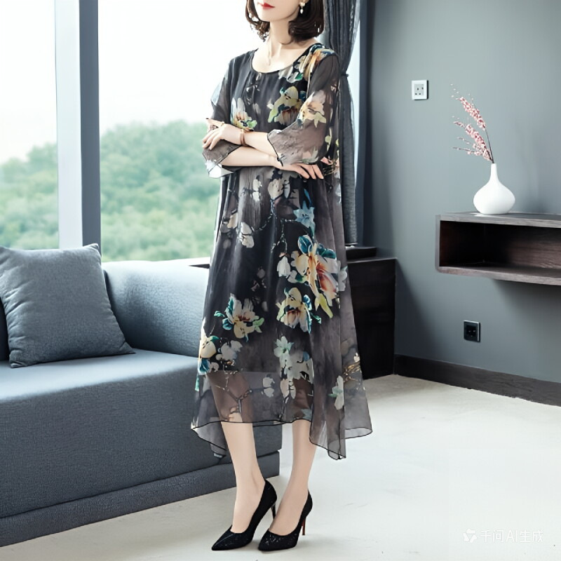 Middle-Aged Mom's Mesh Dress 2026 Summer New Style Plus-Size Women's Mid-Length Loose Dress That Covers the Belly and Makes You Look Slimmer