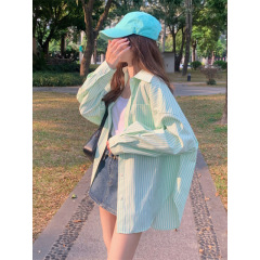 韩系高级感绿色条纹衬衫女2025春夏新款宽松薄款外搭开衫长袖上衣