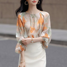 春夏新款时尚优雅印花雪纺衬衫时尚优雅印花大袖子藏肉衬衣上衣女