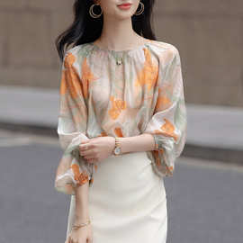 春夏新款时尚优雅印花雪纺衬衫时尚优雅印花大袖子藏肉衬衣上衣女