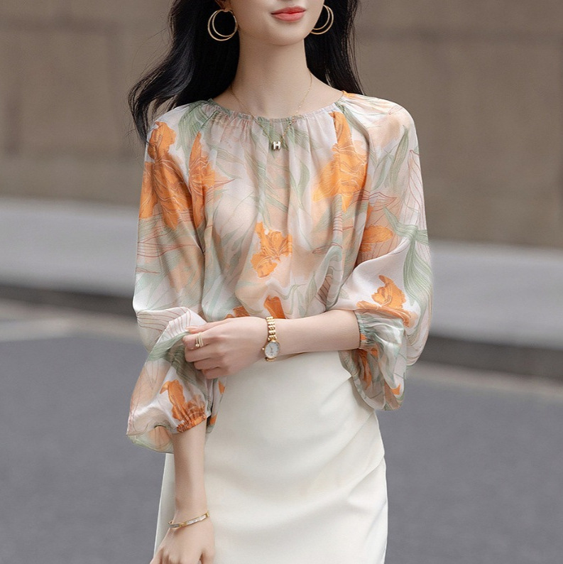 Spring and Summer New Arrival Fashionable Elegant Printed Chiffon Shirt Fashionable Elegant Printed Big Sleeves Hide Meat Shirt Top Women