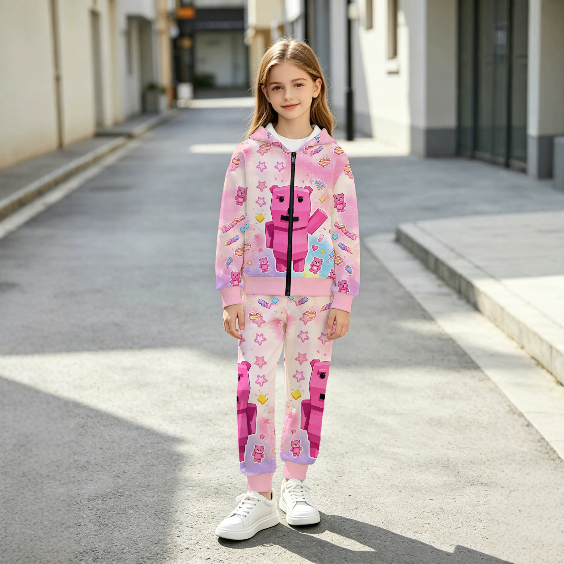 Pink square bear all-over print zip-up sweatshirt set for boys and girls, cute two-piece set with stars, hearts, and candies.