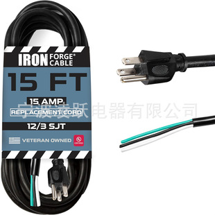 Iron Forged Cable 12 Gauge Power Cord Replacement - 15 Feet, 15 Amp Black Heavy Duty
