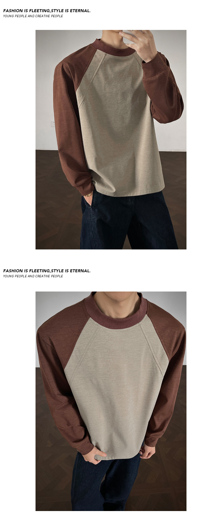 Long-sleeve Patchwork T-shirt For Men American Style Loose Casual_voghion.com