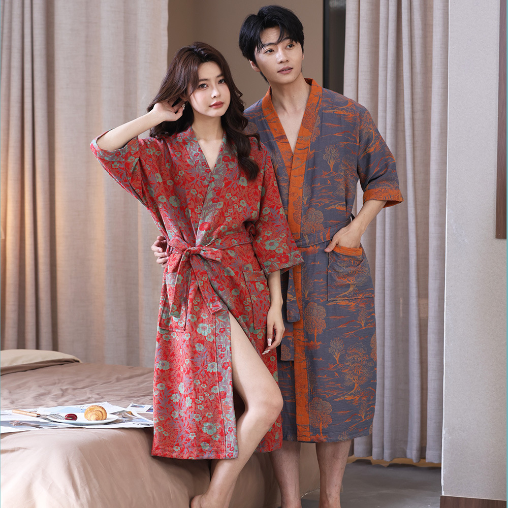 Pure cotton double-layer gauze bathrobe, spring/summer thin style, couple's pajamas, home wear, absorbent and quick-drying, Class A bathrobe