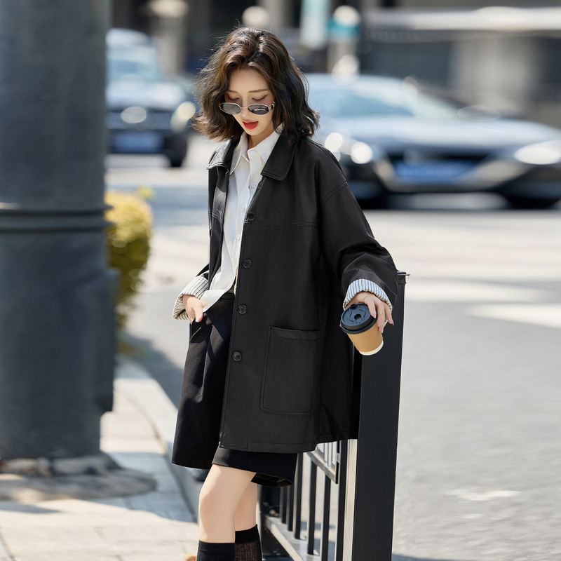 Brand New Autumn Mid-Length High-End Leather Jacket for Women Korean Style Fashionable Sheepskin Casual Leather Loose Versatile Windbreaker