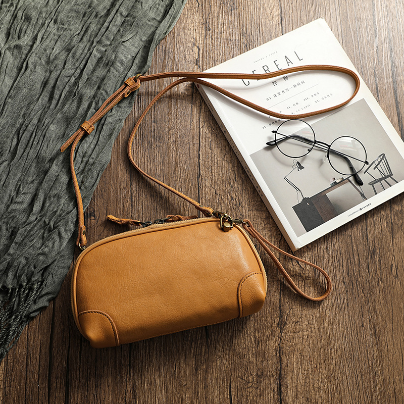 Zhuanshan Genuine Leather Hand-Held Women's Bag Horizontal Soft Leather Vegetable Tanned Leather Bag Tree Paste Leather Retro Literary Style Shoulder Bag 21015