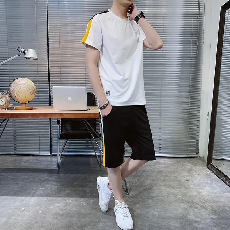 Traje de verano de dos piezas de los hombres ropa deportiva casual micro elástico ropa de correr de color cuello redondo manga corta Camiseta + Pantalones recortados color sólido