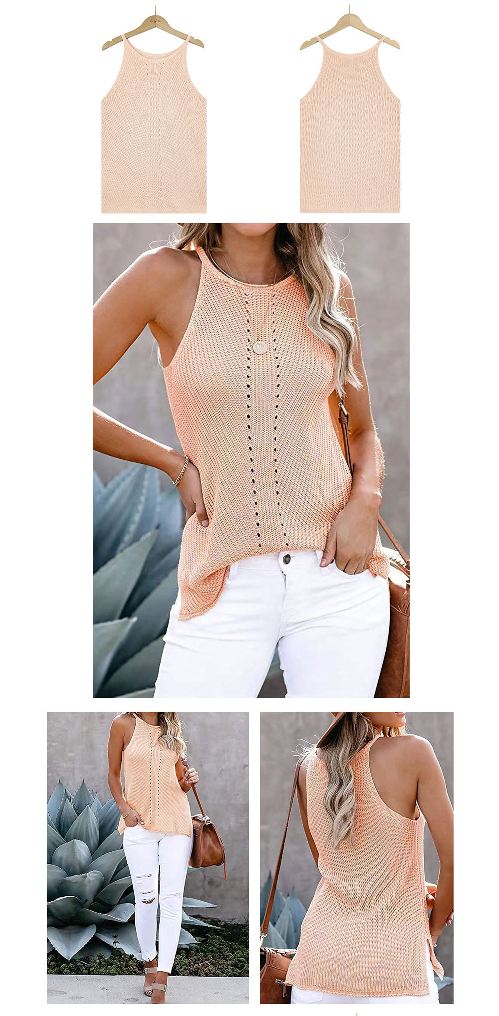 loose round neck sleeveless hollow solid color knitted vest NSWJY118221