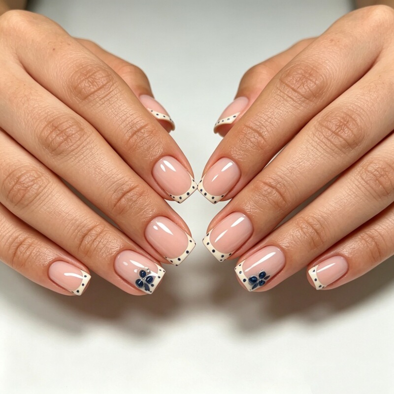 24-piece boxed set of new export products, featuring a sweet and minimalist French-style polka dot design with a three-dimensional blueberry pattern, short square-shaped press-on nails, wholesale