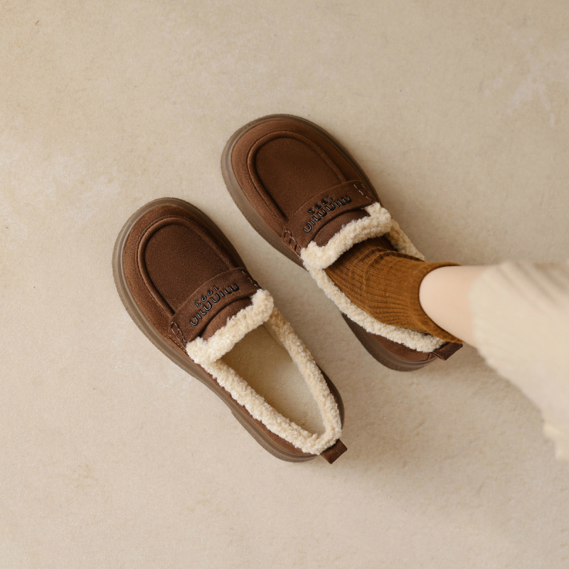 688-5 Autumn and Winter Velvet Loafers for Women, Thick-Soled Retro British Style Leather Shoes, Snow Boots, Casual Warm Cotton Shoes