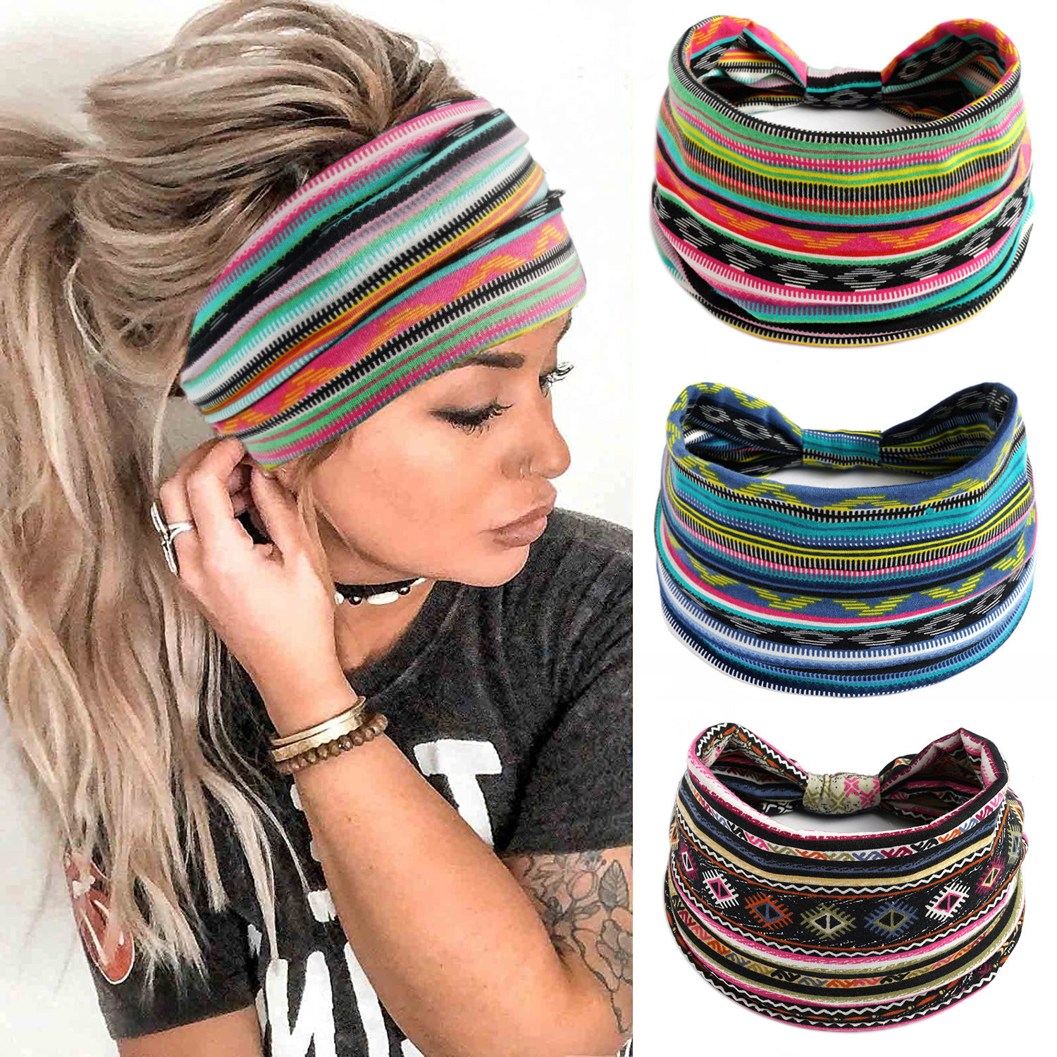 Europa y América nueva impresión elástica deportiva correa de cabello damas banda ancha correa de cabello turbante retrógrado joyas para el cabello de yoga