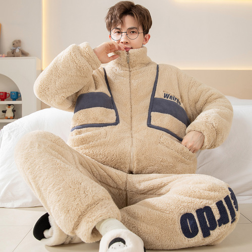 Men's Winter Pajamas, Thickened Fleece Coral Fleece, 2024 New Arrival, Men's and Teenagers' Outwear Home Wear Set