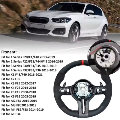 modified steering wheel, genuine — Steering wheel - semi-suede-with-red-leather-straightened-carbon-fiber-black-fork-black-buttons-long-paddle-with-notches
