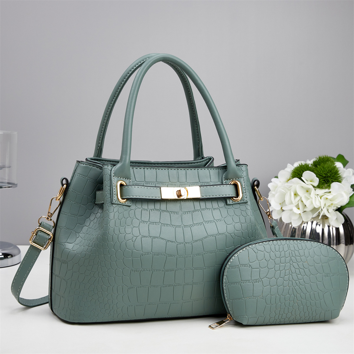 Bolsa de dos piezas, bolso de mano de gran capacidad, estampado de cocodrilo, bolso de mano casual de moda, bolso de hombro, bolso de mano.