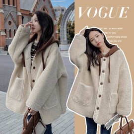 保暖~孕妇秋冬季加厚羊羔毛外套韩国洋气休闲宽松连帽衫潮妈上衣