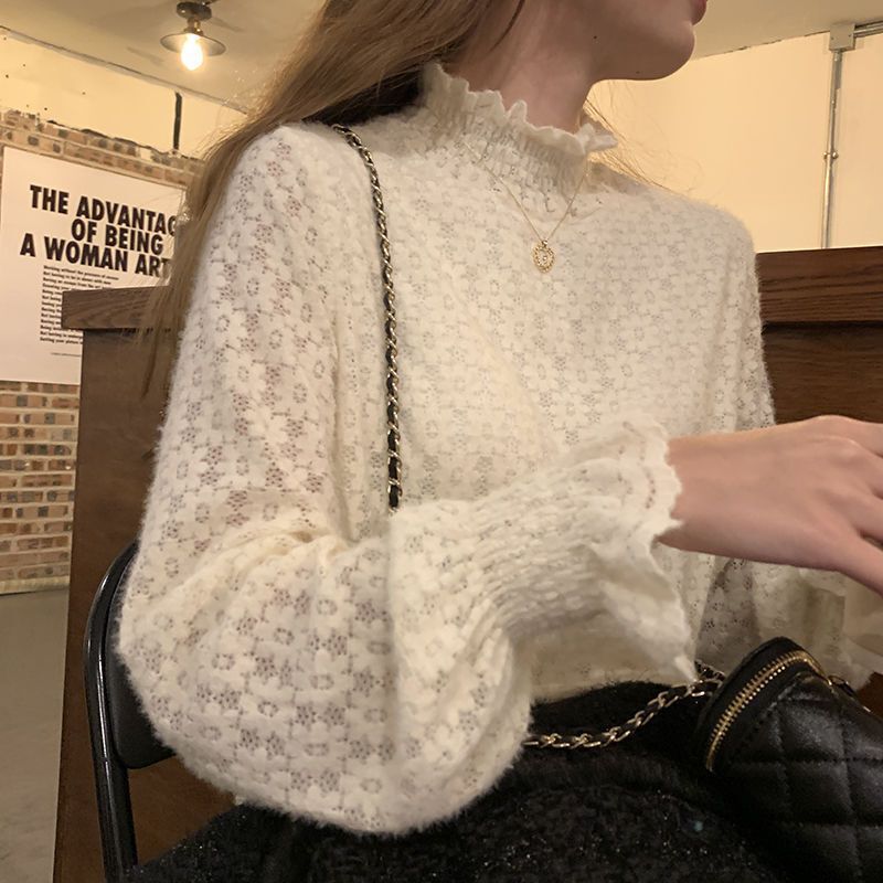 Lace Base Shirt with Fleece Lining, Brushed Fabric, Thickened, Half-High Collar, Slim-Fit Top, Casual Women's Long-Sleeve Korean Style Trendy Design Lace Base Shirt with Fleece Lining, Brushed Fabric, Thickened, Half-High Collar, Slim-Fit Top, Casual Women's Long-Sleeve Korean Style Trendy Design