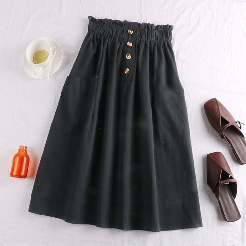 Button Half Body Skirt Spring and Summer Youthful and Elegant Women's Han Style Japanese Style Elastic Waist Medium Length Casual A-line Skirt