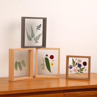 Solid Wood Double-Sided Transparent Photo Frame Display Real Glass Plant Embossed Specimen Frame Size 68inch A4 Square Stereo Picture Frame