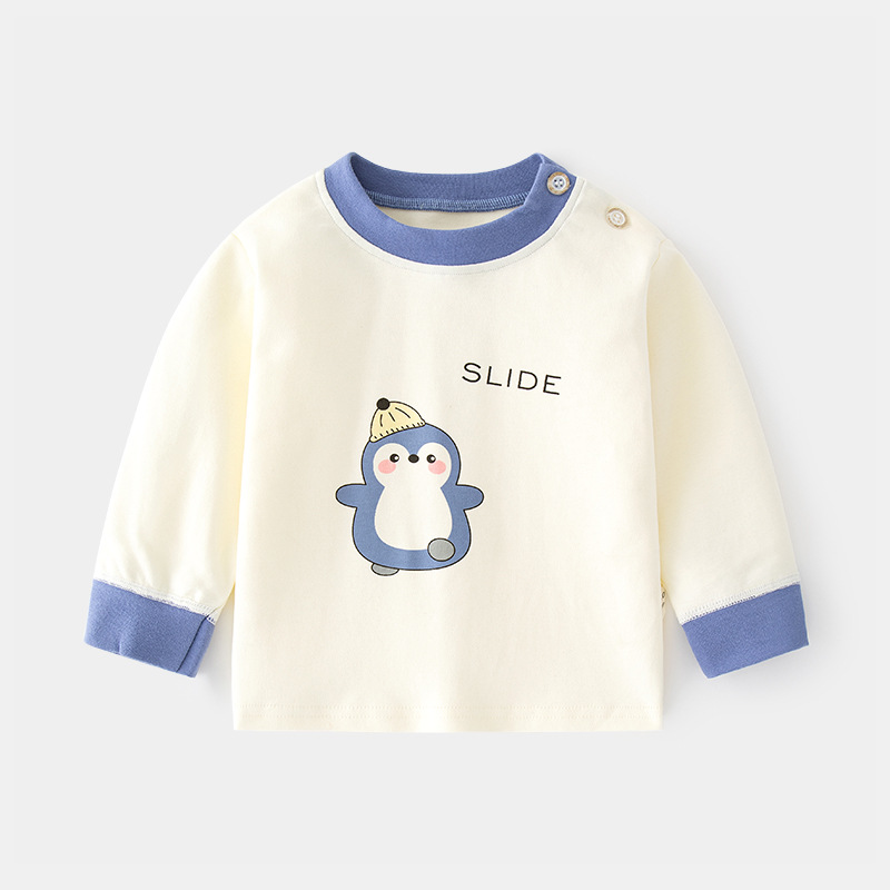 Camiseta de algodón para bebés con estampado vintage de dibujos animados y abertura en el hombro, ropa interior para primavera y otoño, mayorista