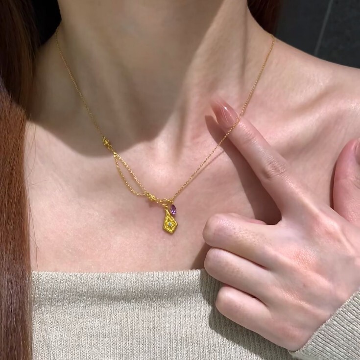 新中式金色菱形水滴吊坠项链高级感轻奢小众精致千金感女款锁骨链|undefined