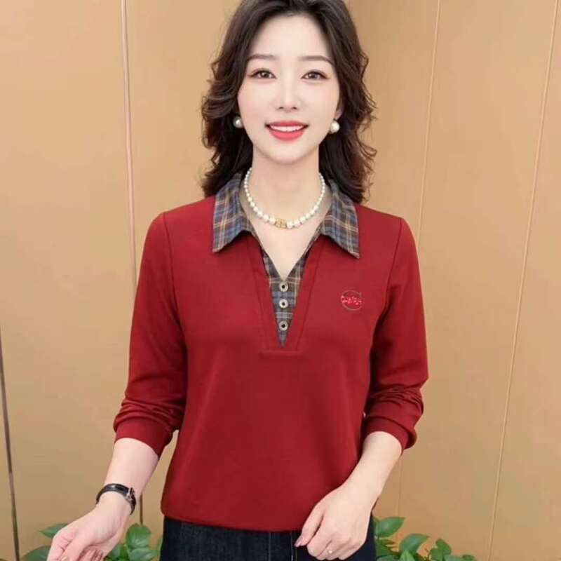 秋季新款妈妈长袖T恤洋气格子假两件翻领气质打底小衫女百搭上衣|undefined